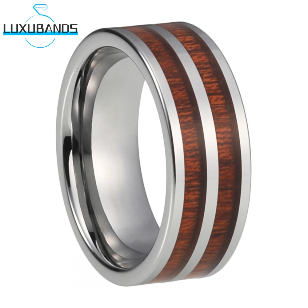 

Tungsten Carbide Ring For Men Wemen 8mm Two Grooved Double Wood Inlay Engagement Flat Band Polished Finish Comfort Fit