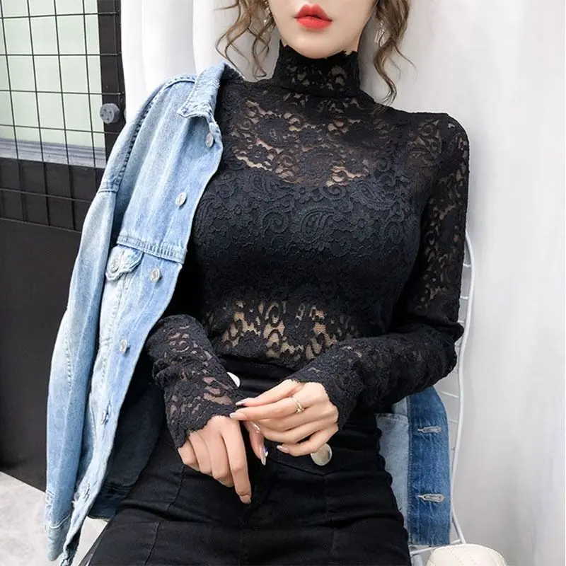 

Blouse Women 2020 Lace Women's Spring and Autumn Turtleneck Small Shirt Women's Top Long Sleeve Shirts Blusas Ropa De Mujer