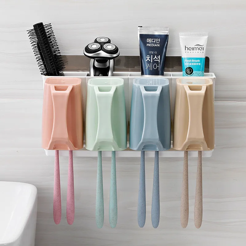 

Bathroom Toothbrush Holder With 4 Cups Free Punch Wall Mounted Toiletries Storage Rack Fit For Family Toothbrush Cups Organizers