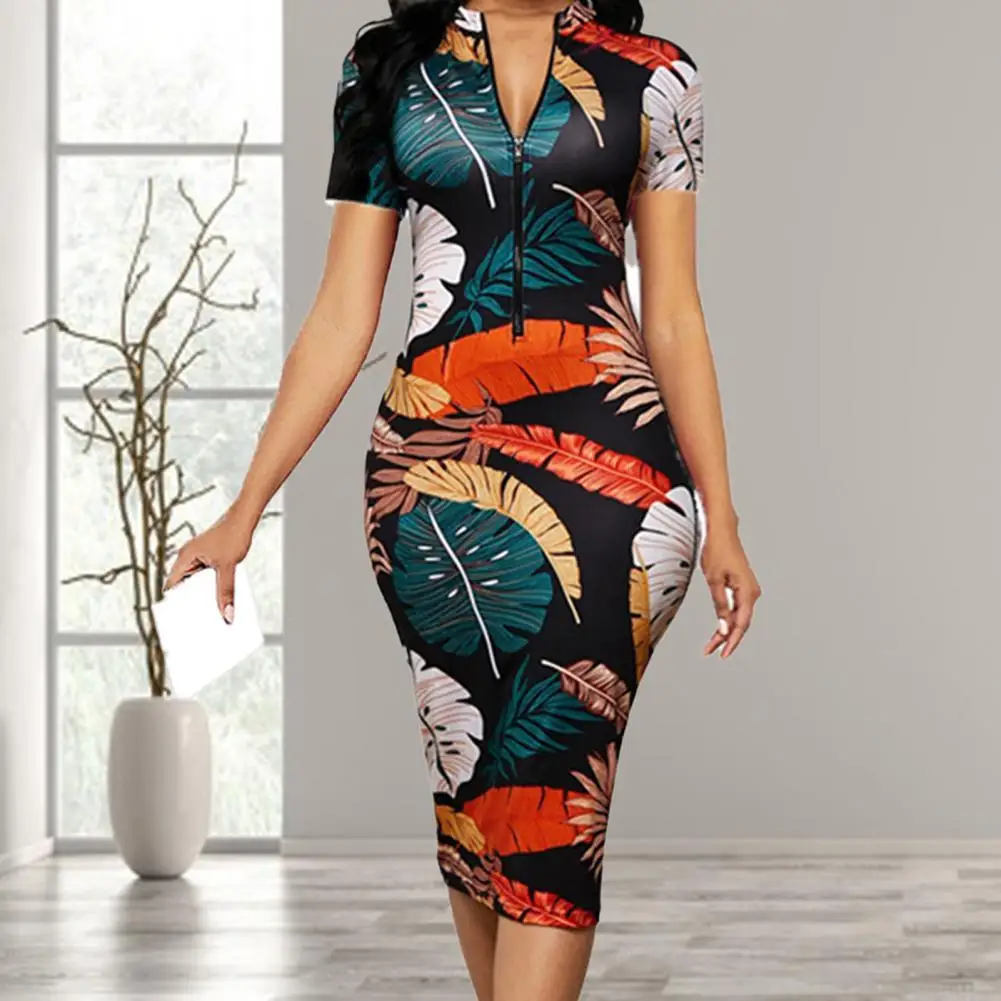 

Женское облегающее платье средней длины, элегантное платье из полиэстера с винтажным принтом, глубоким V-образным вырезом и коротким рукаво...