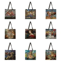 graffiti oil painting printing womens handbag folding reusable shopping bag linen handbag