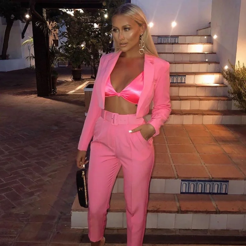 Casual Buttonless Short Blazer with Free Belt Pencil Pants Suits 2021 Women Solid Colors V-Neck Slim Blazer New Simple Pants Set