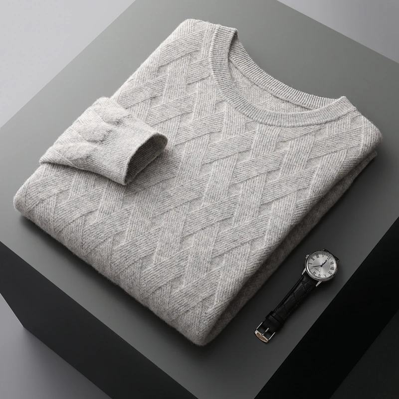 Пуловер из 100% чистой шерсти утепленный осенне-зимний мужской свитер с круглым