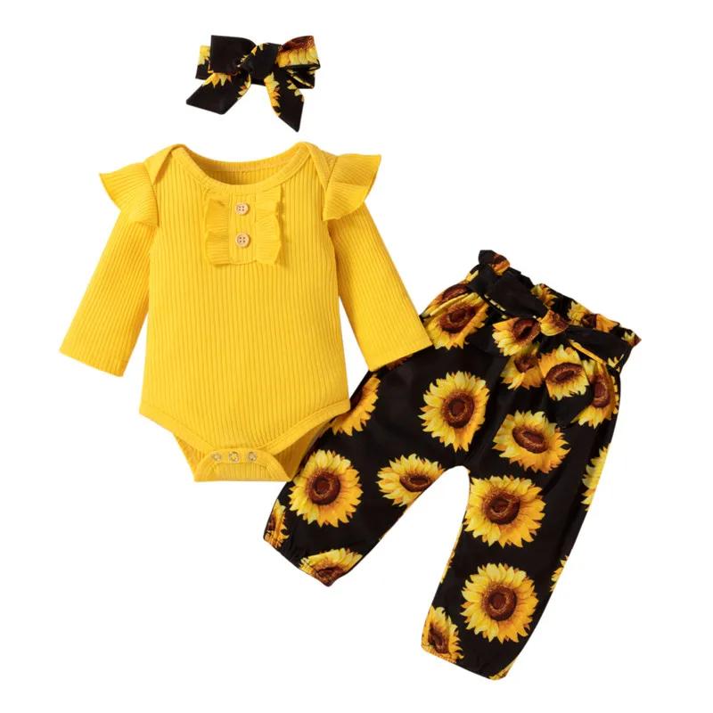 

Baby Girls Three-piece Clothes Set Round Collar Long Sleeve Romper, Floral Printed Pattern Pants and Headdress