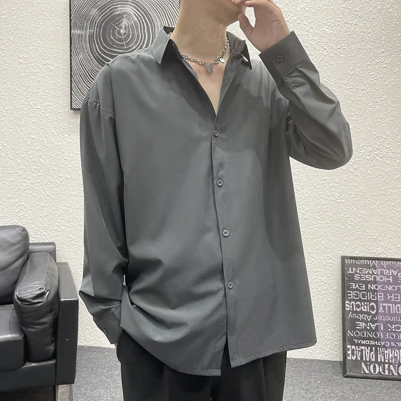 

Long Sleeve Shirts Men's Spring Korean Style Fashion Solid Color Business Casual Formal Blouses Icy Silk Simple Woman Loose Tops