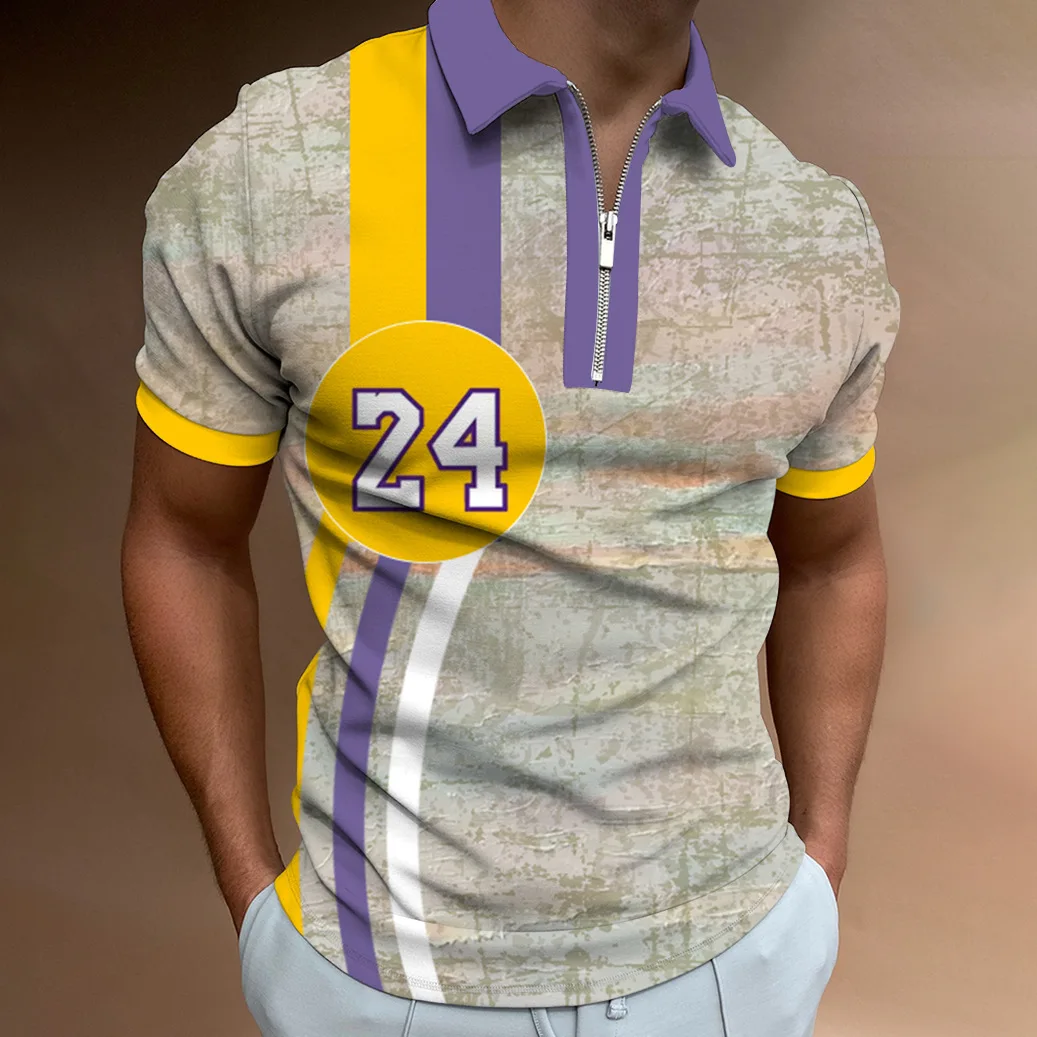 

2023 Summer Men's Digital Printed 917 Man Golf Stripes Youth Leisure Polo Short Sleeve Turn-down Collar Zipper Polo Shirt