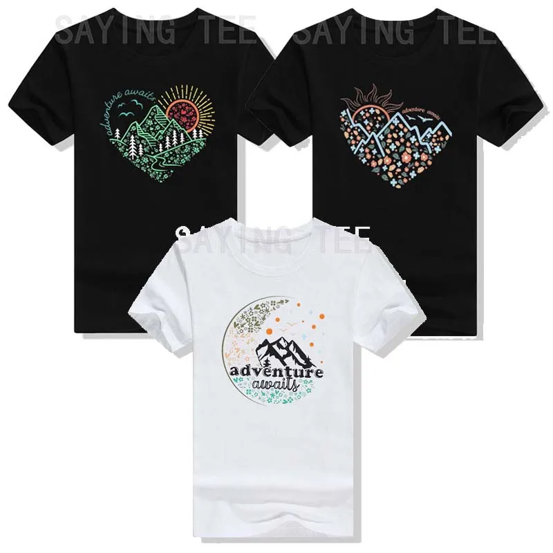 

Adventure Awaits T-Shirt Women The Great Outdoors Tee Tops Wanderlust Explore More Nature Hiking Camping Clothes Novelty Gifts