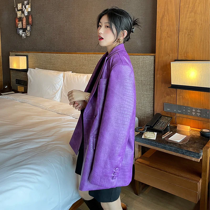 Leather Blazer Jacket Faux Women Korean Designer Loose Purple PU Crocodile Leather Suit Leisure Jackets