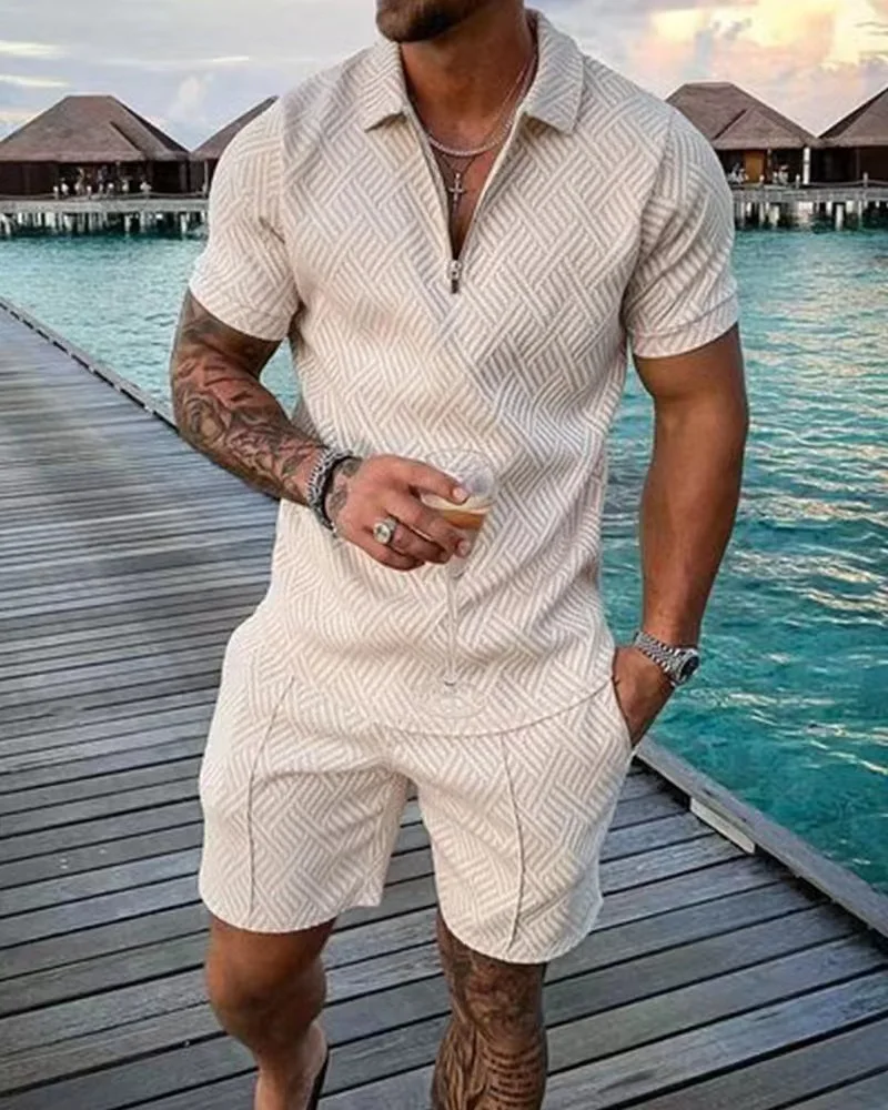 2023 Men's summer hot selling solid color V-neck zipper short-sleeved POLO shirt + shorts two-piece men's casual breathable suit