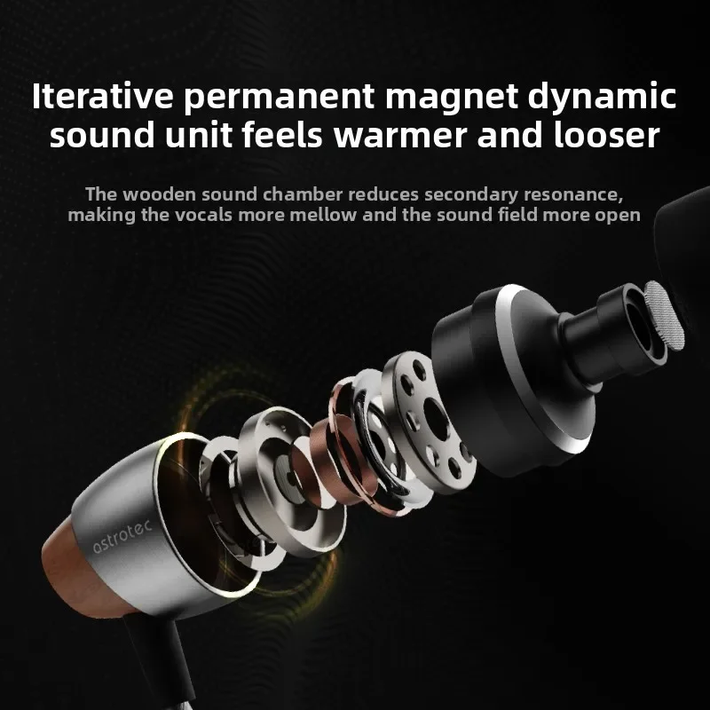 Фото Наушники-вкладыши Astrotec AM800 с 10-мм динамическим драйвером, HIFI, проводные, металлические и деревянные, для женского вокала, компактные, с комфортной посадкой №3