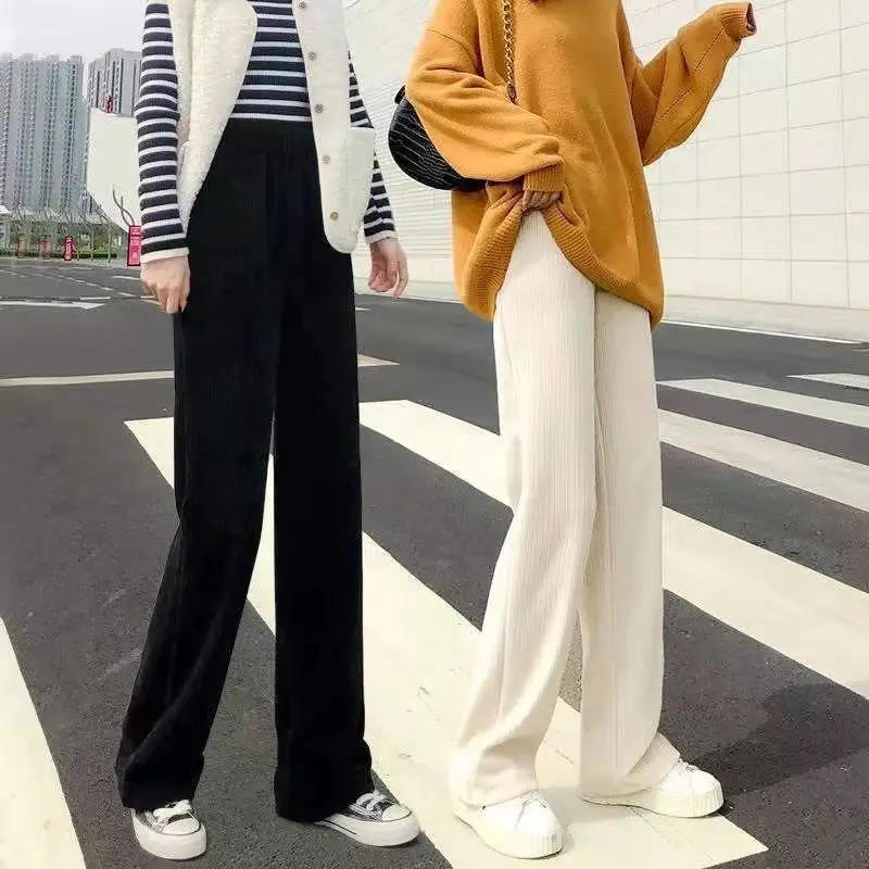 

Autumn/Winter White Elastic Straight Loose Casual Wide Leg Pants Simple Warm Furry Wide-leg Pant Women's Elegant Office Clothes