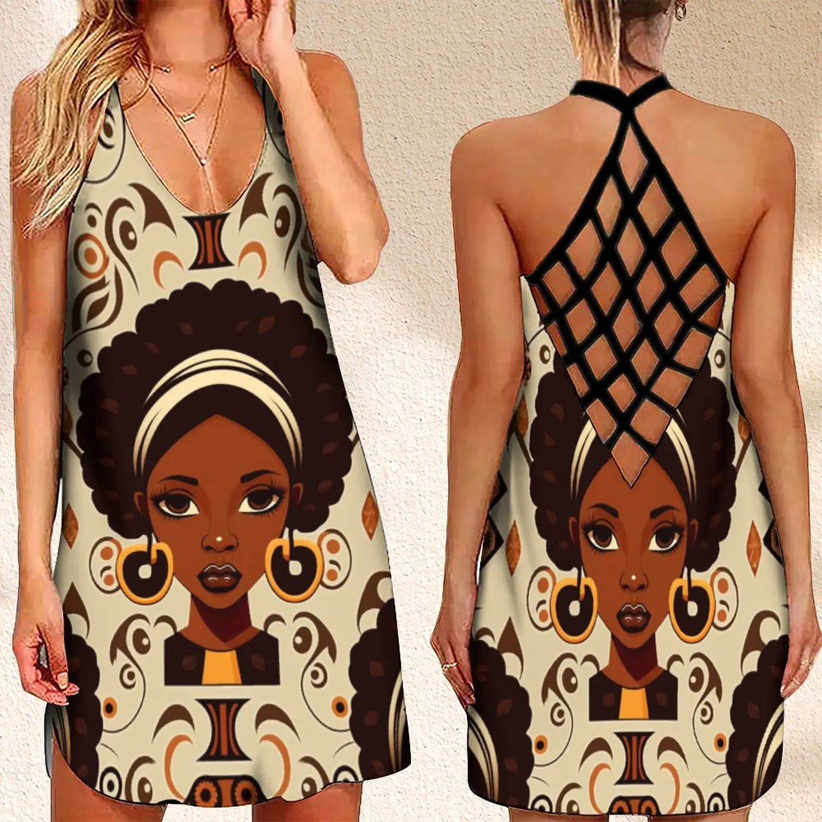 

Женское летнее платье без рукавов, с открытой спиной и геометрическим принтом