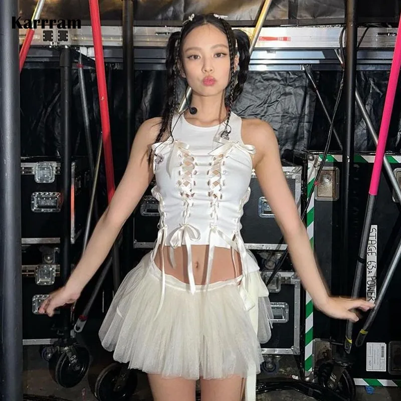 

Karrram Jennie Same Tops Korean Fashion Bandage Tank Top Irregular Chic Designer Clothes Fairycore Y2k Aesthetics Crop Top 00s