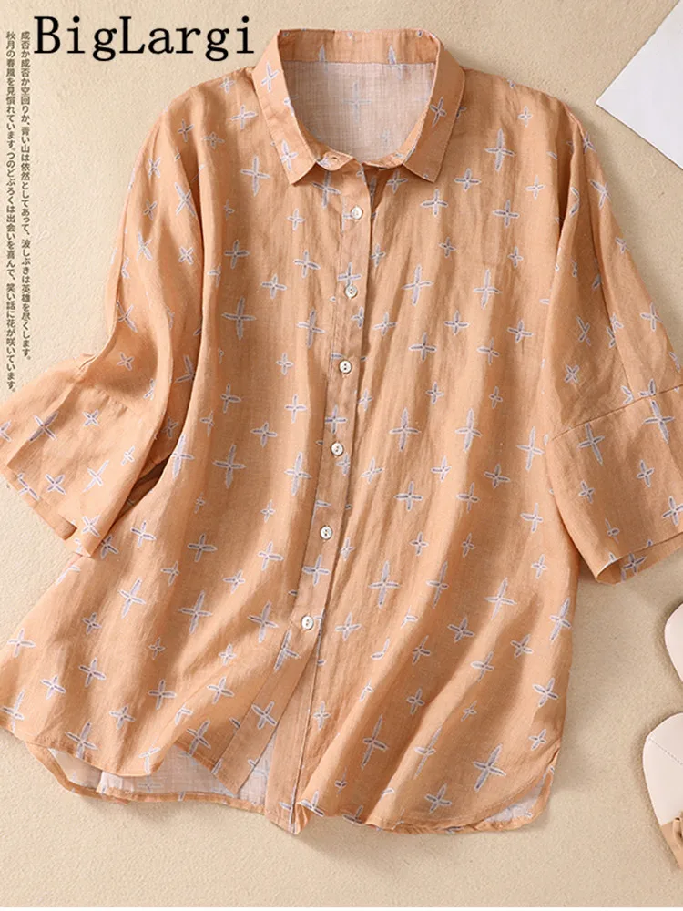 2023 Cotton linen Print Floral blouse shirt loose Short sleeved Ladies Tops Thin and Fashionable V  Neck  Wman Shirt