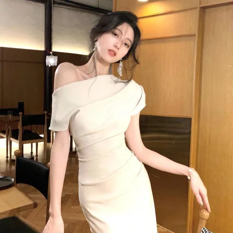 Dresses Women Office Ladies Elegant French Style Solid Tunic All-match Off-shoulder Fashion Design Summer Casual Mujer Vestidos