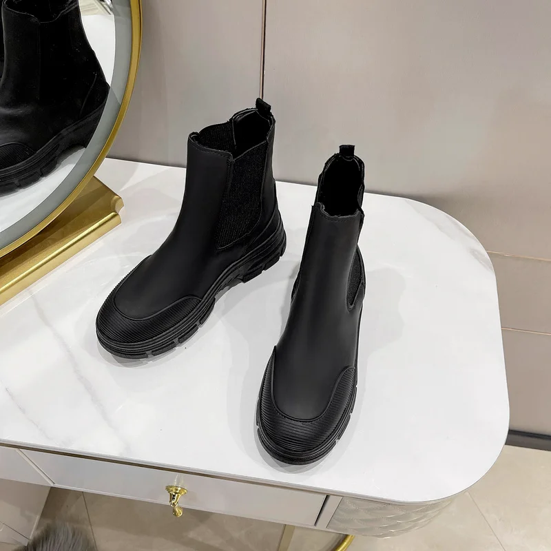 

Модные короткие ботинки челси, женская обувь, узкие ботильоны на платформе, женские удобные ботинки на молнии сзади с круглым носком для жен...