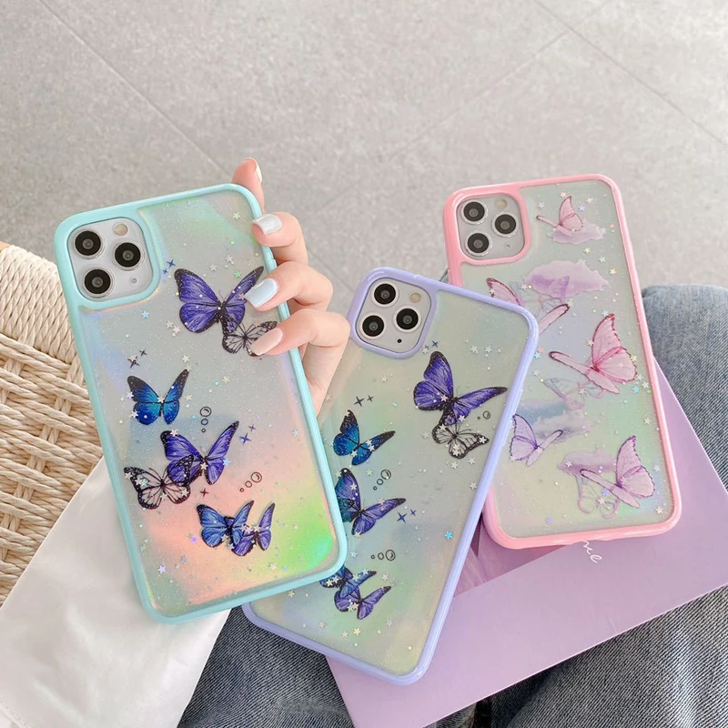 

Милый чехол для телефона с бабочкой для iPhone SE 2020 11 12 Pro XS Max XR 7 8 6 Plus Розовый Фиолетовый Блестящий Мягкий Прозрачный чехол из ТПУ