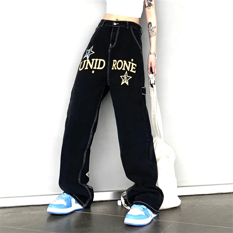 Street Flame Star Jeans Neutral Casual Streetwear Denim Wide Leg Pants for Womens and Men's 2023