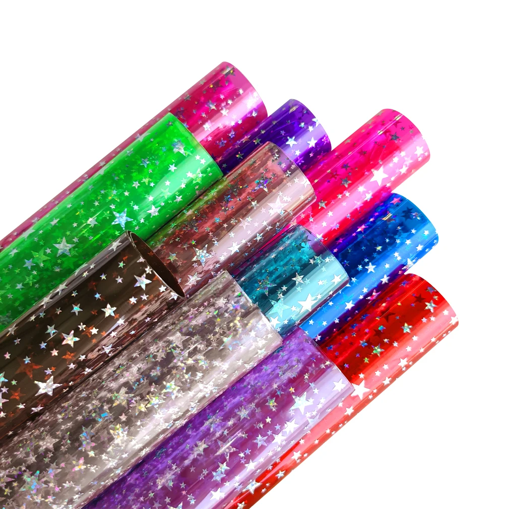 

Star Printed Colorful Transparent Synthetic Leather Color PVC for Stationery Bags Keychains Earrings Shoes DIY Crafts 46x135cm