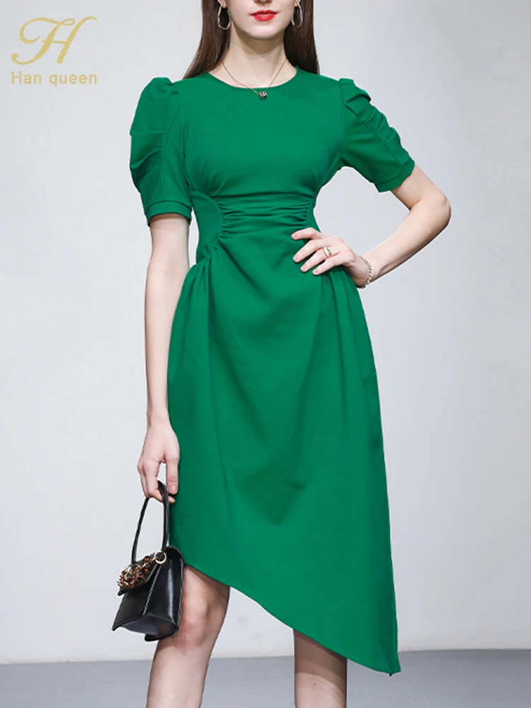 

H Han Queen 2023 New Summer Elegant Irregular Bodycon Vestido Simple Chic Office Dress Womens Party Casual Sheath Pencil Dresses