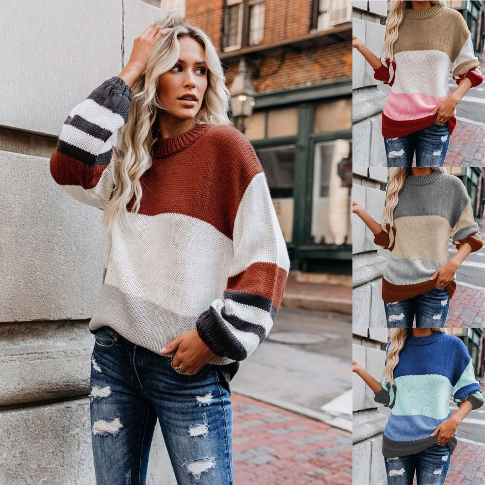 

New Autumn/winter Knitwear Fashion Loose Large Size OL Commuter Crew-neck Patchwork Striped Sweater Women Pullovers Knitwears