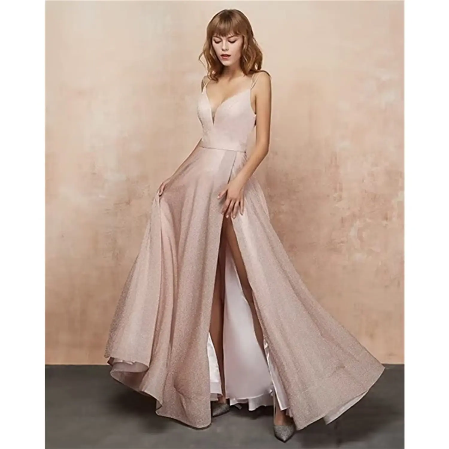 

Giltter Prom Dresses Long 2023 V Neck Light Gray High Split Floor Length Sleeveless Evening Gown A-Line Backless Vestido