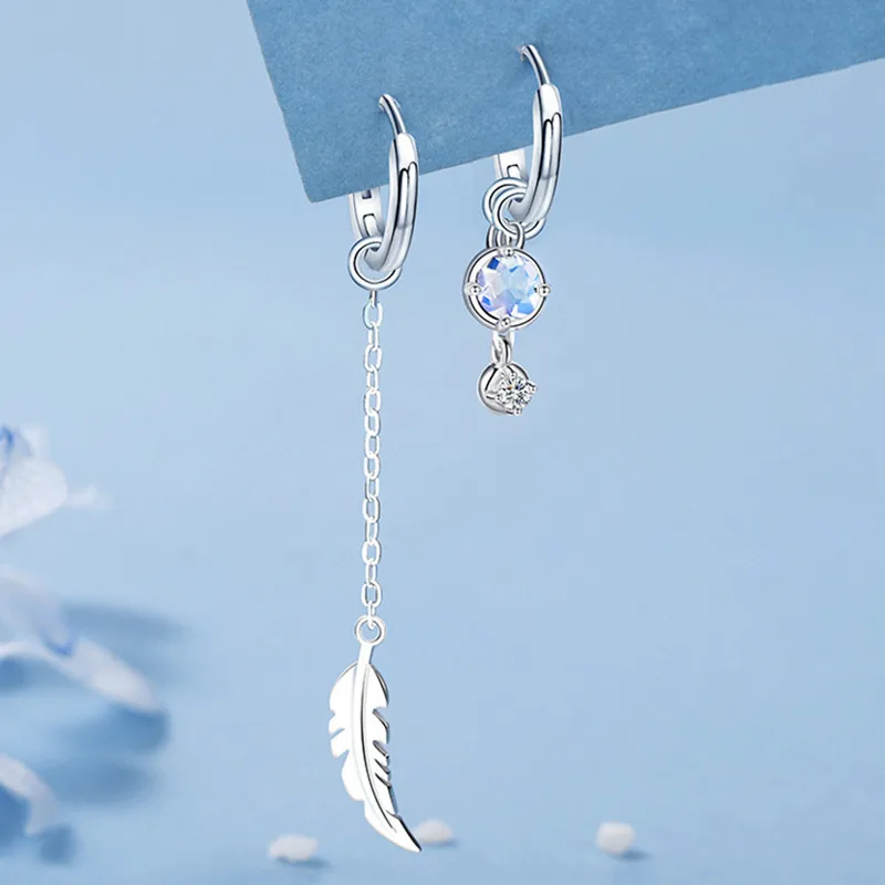 

Asymmetric Feather Moonstone Silver Hoop Earrings for Women Drop Dangle Earrings Bridal Wedding Jewelry Engagement Gift
