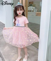 disney princess elsa spring and summer new short sleeved childrens floral sweet princess dress cotton breathable puffy dress
