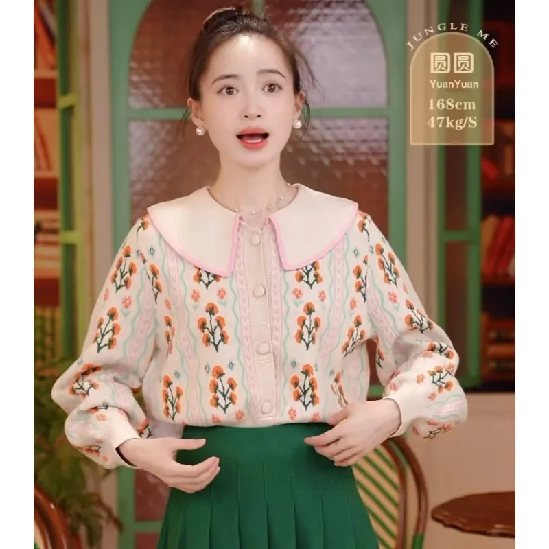 Осень и зима новый кукольный воротник милый вязаный свитер кардиган цветок