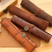 vintage pencil bag treasure map roll up pu leather pens organizer multifunction stationery pouch school office supplies