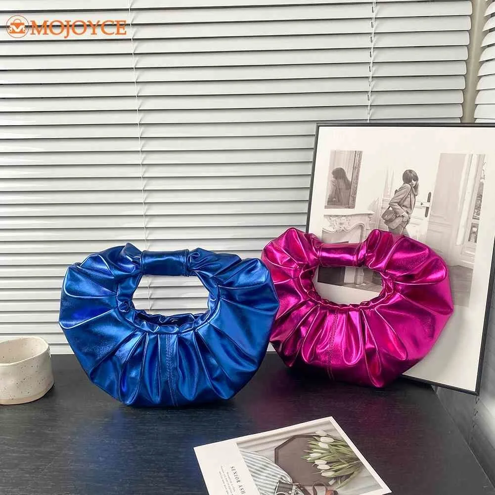 

Ladies Pleated Round Handle Purses Women's Party Evening Tote Bags Bright PU Leather Handbag Portable Girls Clutch Bags