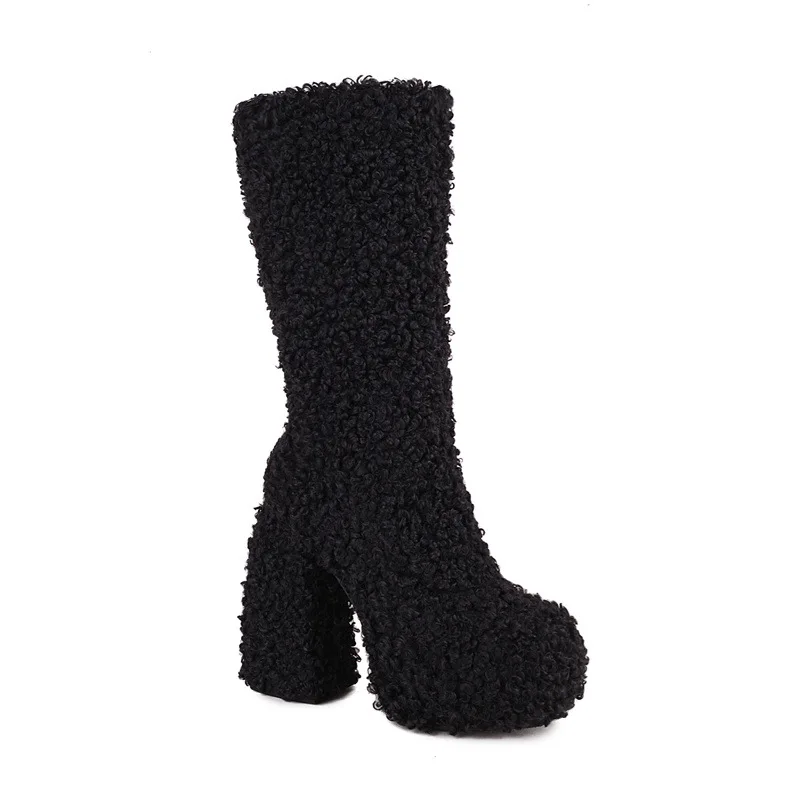 Women Boots 2022 New Luxury Winter Platform High Heels Women Shoes Designer  40 41 Party Punk Hairiness Lady Middle Calf Boots