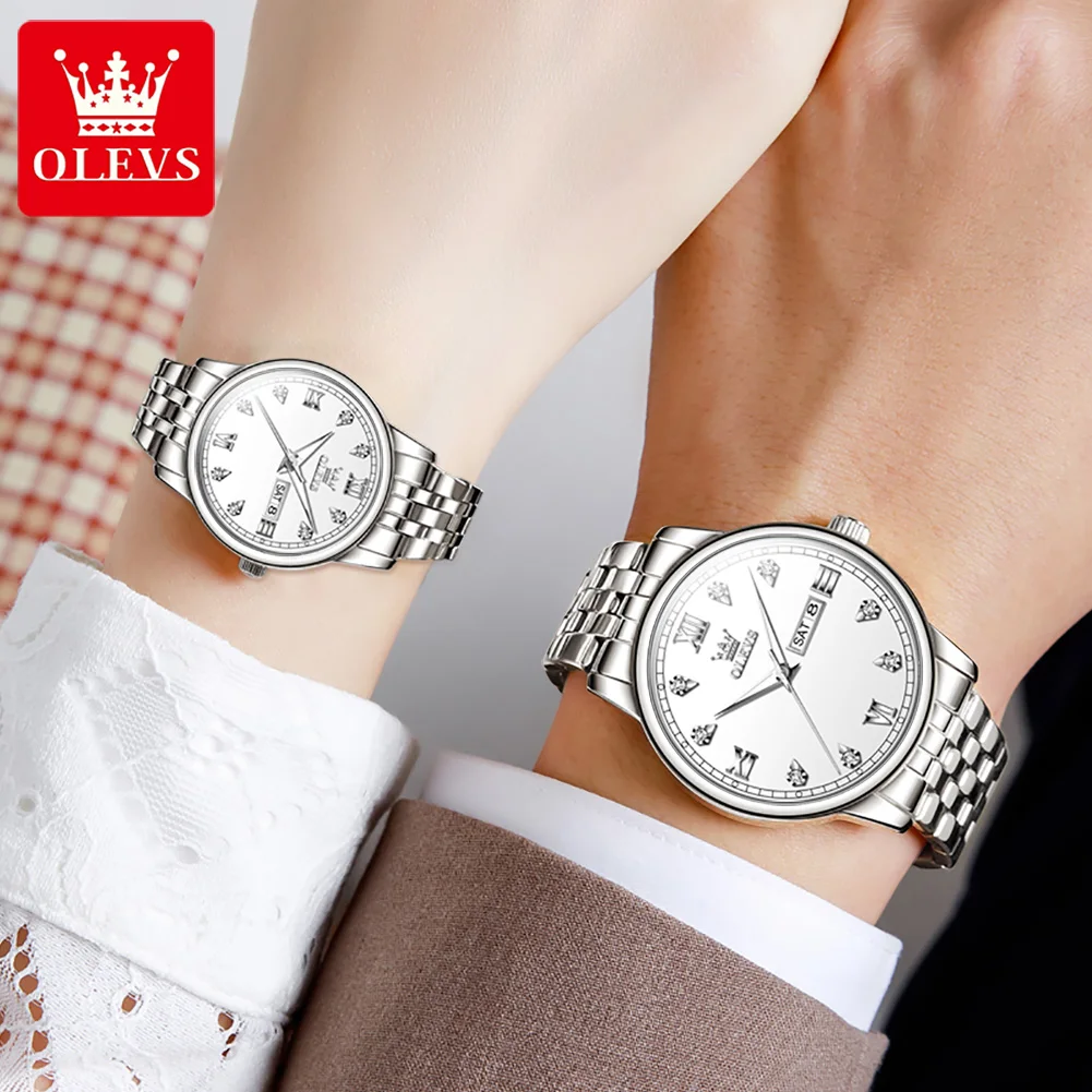 Olevs Simple Couple Watches for Lovers Waterproof Stainless Steel Sets of Watches for Him and for Her Relogio Feminino