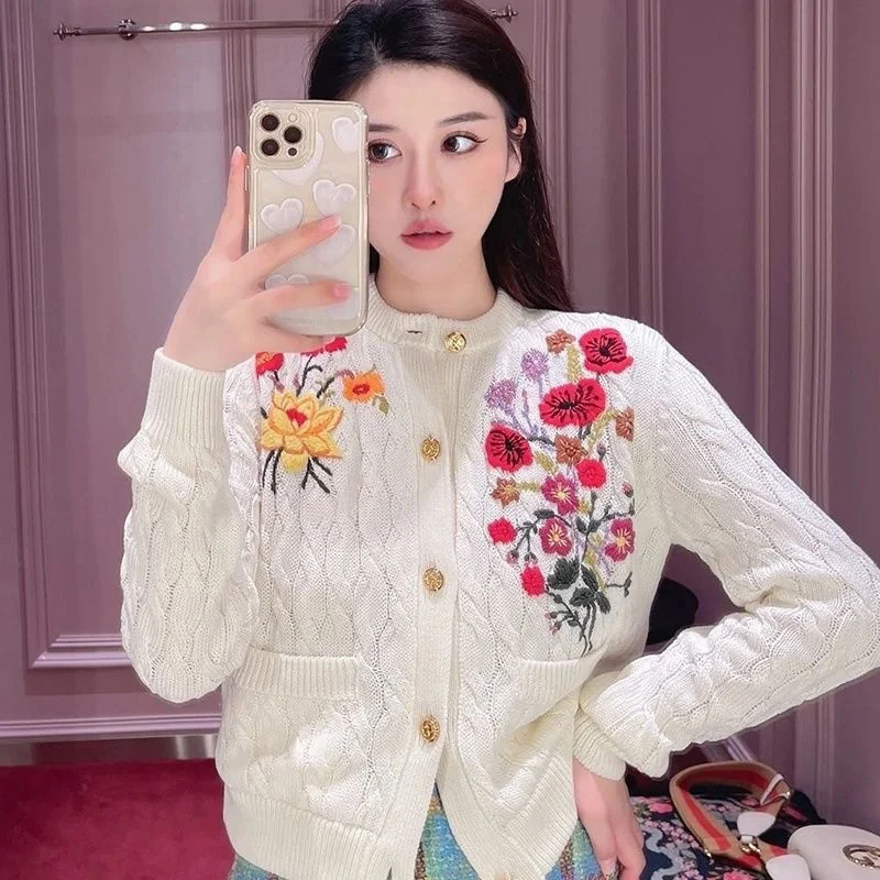 

Spring Autumn Women Floral Embroidery Sweater Cashmere Cardigans Twist Knitted Jacket Long Sleeve Short Coat Knitwear Wool H384