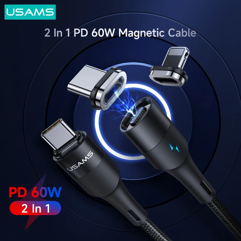 

USAMS PD 60W 2 In 1 Magnetic Cable USB C to Type C Lightning Cable For iPhone 13 12 11 MacBook Pro iPad Huawei Xiaomi Samsung