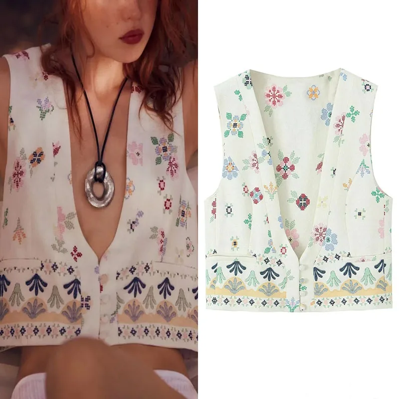 

TRAF Printed Cropped Vest For Woman 2023 Vintage Front Button Closure Jackets Sexy V-Neck Sleeveless Waistcoat Summer Chic Tops