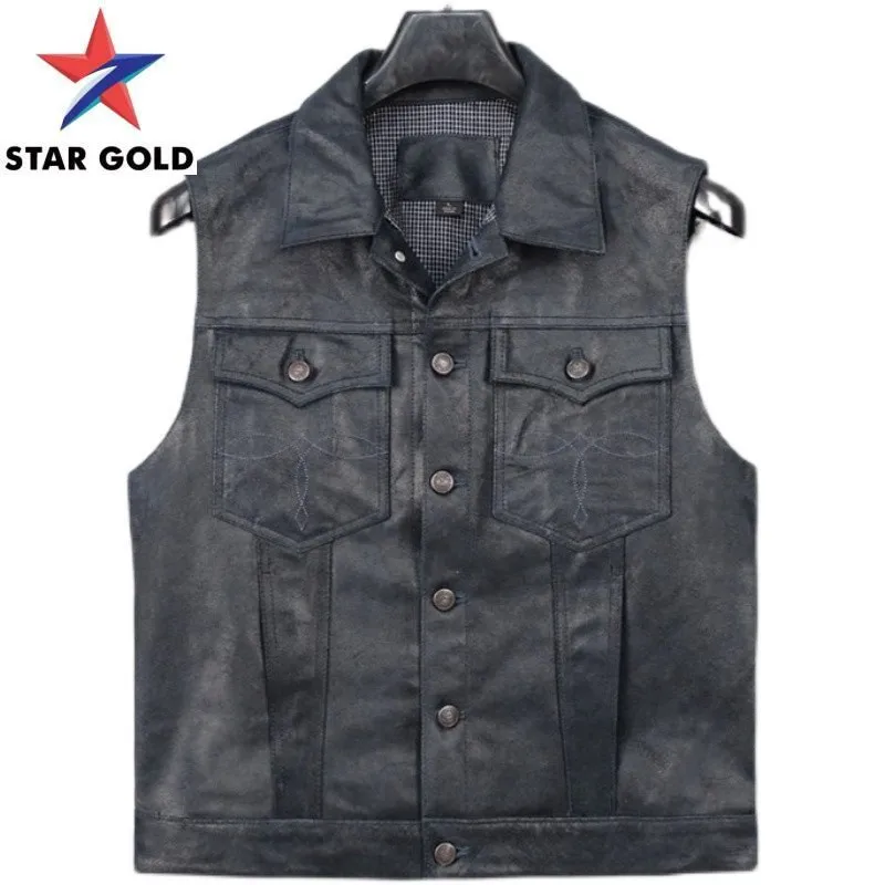 

Жилет мужской из натуральной коровьей кожи, ковбойский винтажный однобортный пиджак-карго без рукавов, короткий прямой жилет для работы и о...