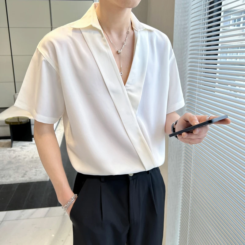2022 Sexy V-neck Shirts for Men Summer Short Sleeve Loose Casual Shirt Social Party Tops Streetwear Male Clothing Tuxedo Blouse