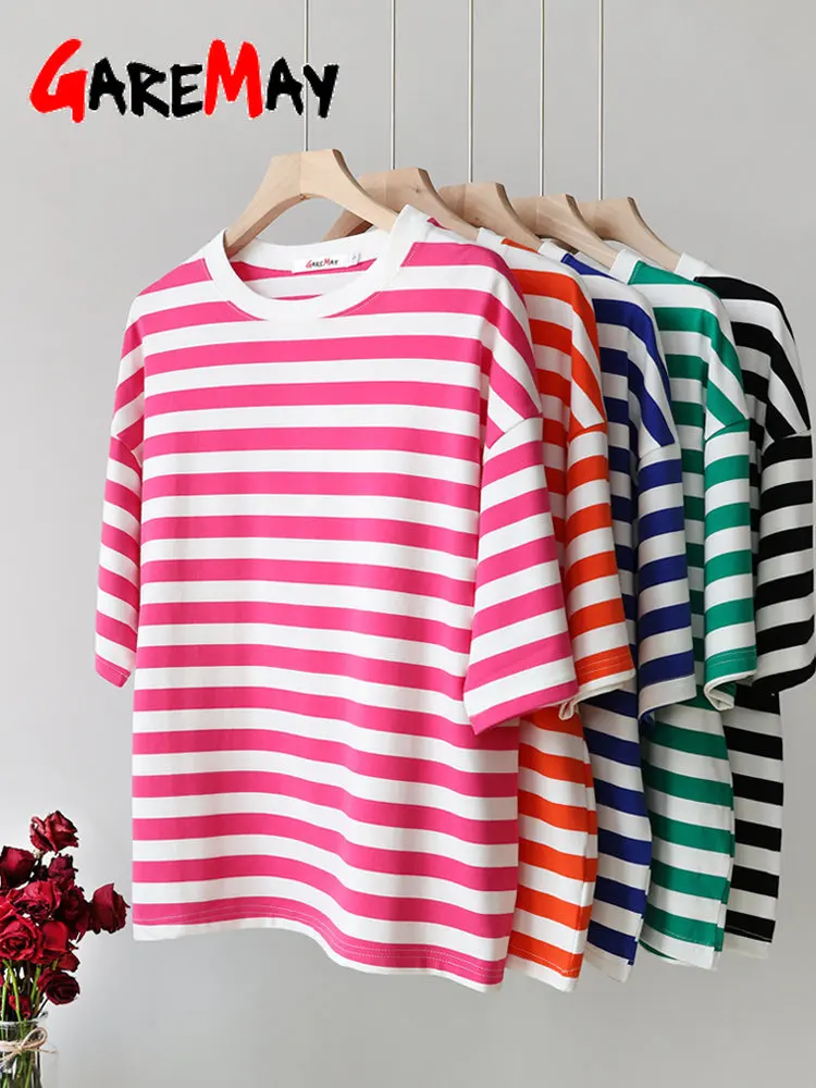 Женская хлопковая футболка в полоску с принтом и коротким рукавом винтажные