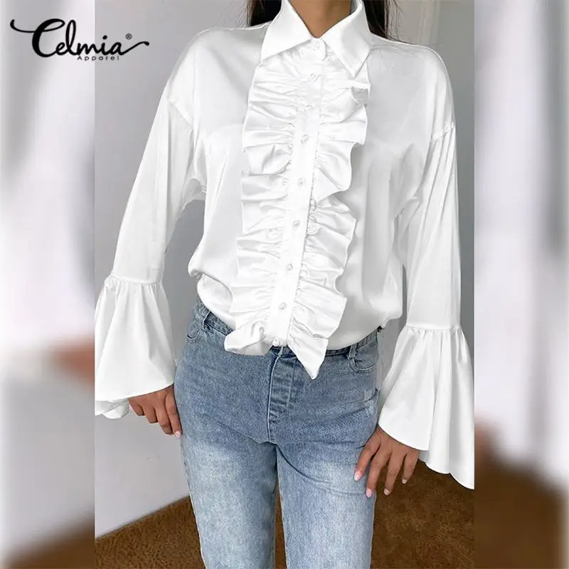 

Celmia элегантная женская фоторубашка 2022, осенние женские повседневные плиссированные однотонные топы с отложным воротником, туника, праздве...