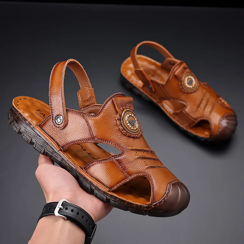 

Summer New Sandals Men's Top Layer Cowhide Beach Shoes Men's Leisure Genuine Leather Cow Tendon Soft Sole Sewn Baotou