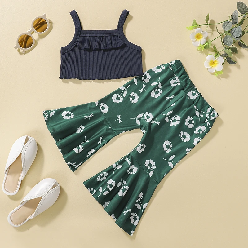 

6-36M Fashion Infant Baby Girls Two Pieces Clothes Outfit Spaghetti Strap Sleeveless Solid Color Vest + Flower Printed Pants