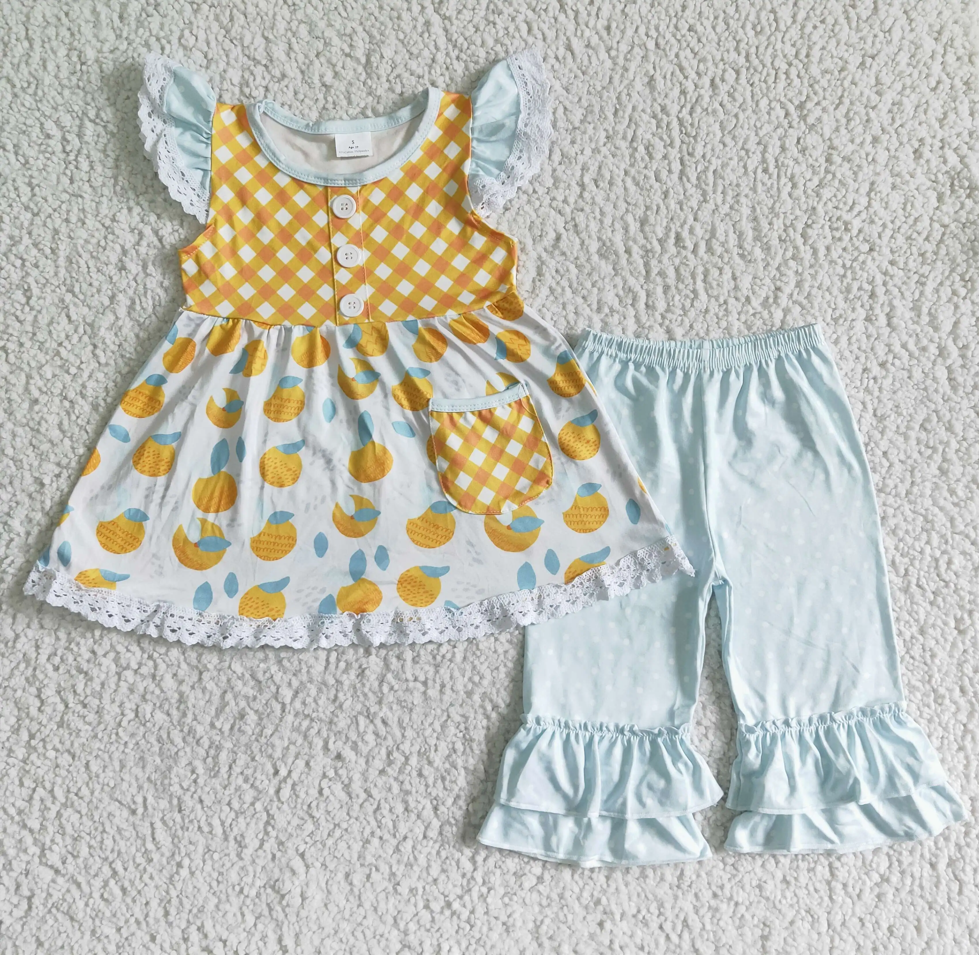 

new fashion design remake ruffle boutique baby girl outfit wholesale clothing outfit flutter sleeve top and blue polka dots pant