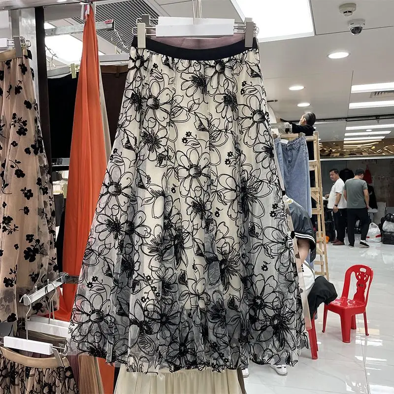 

Summer High Waist Fragmented Flowers Draping Slim Long Skirt Faldas Mujer Moda 2023 Y2k A-Line Sweet Mesh Design Sense Jupe