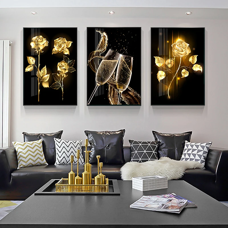 

Abstract Black Golden Rose Flower Poster Print Wall Art Canvas Painting Champagne Glass Picture for Modern Living Room Decor