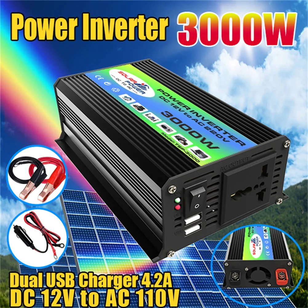 

3000W Boat Car Converter Power Inverter DC 12V To AC 110V/220V Invertor USB Fast Charging Dual USB Ports Mufti-Protection