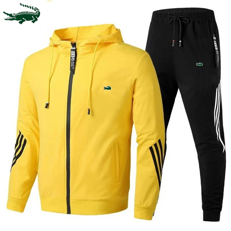 2023 autumn and winter new men's hooded  lattice coat+casual sports pants set S-3XL