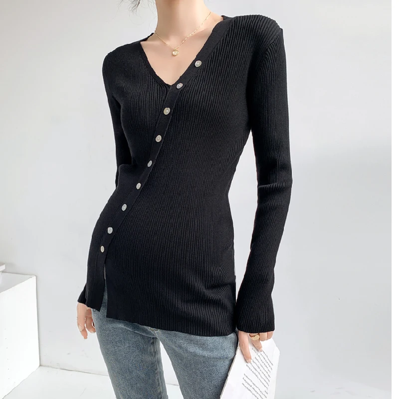 

366# Autumn Winter Fashion Knitted Maternity Bottoming Shirts V Neck Button Sweaters Clothes for Pregnant Women Pregnancy Tops