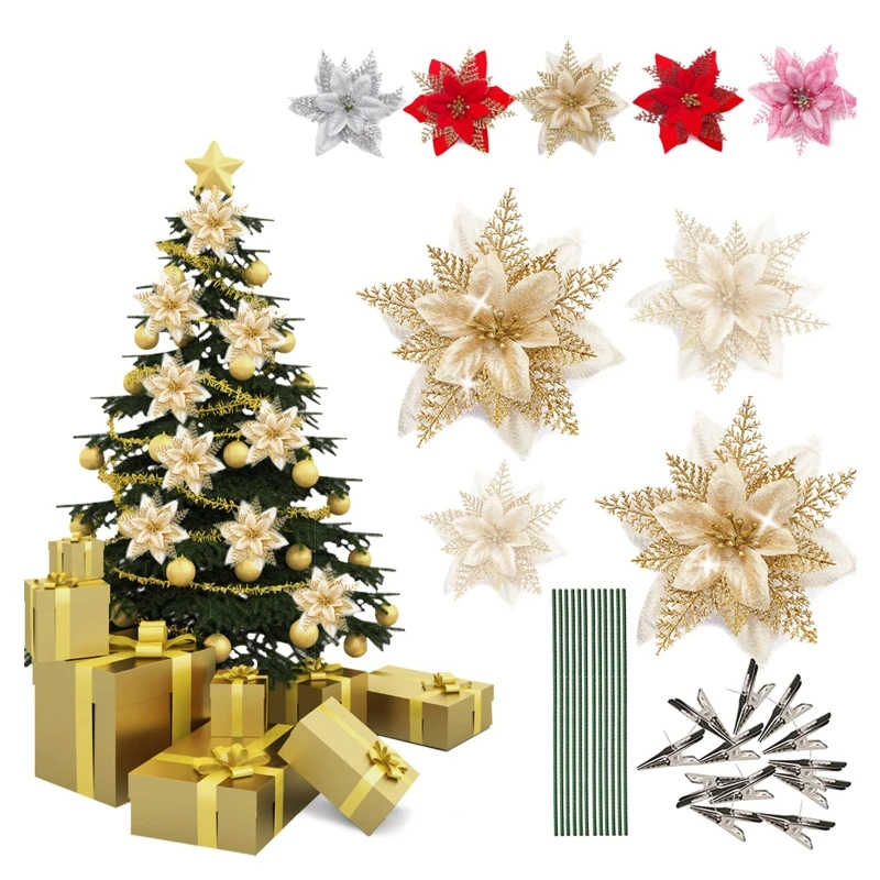 

A0KC 5 шт. 15 см Блестящий пуансеттийный цветок с зажимами стебли венок Рождественское украшение