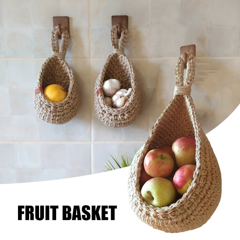 

Hanging Wall Vegetable Fruit Baskets Multipurpose Woven Storage Bag for Kitchen Living Room Bathroom GQ